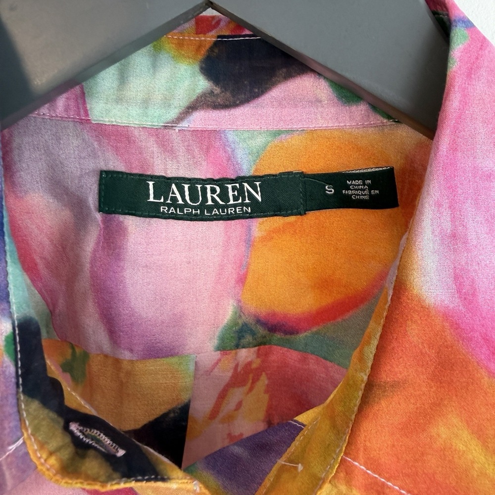 LRL Ralph Lauren Womens S Button Up Floral Silk Cotton Blouse Shirt Watercolors - Picture 7 of 15